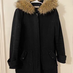 NAF NAF Black Coat with Tan Faux Fur Hood